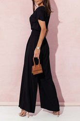 Casual Solid Metal Accessories Decoration V Neck Loose Jumpsuits